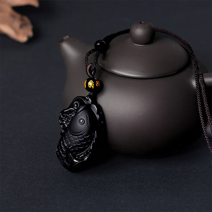 Buddha Stones Natural Black Obsidian Amphioxus Strength Necklace Pendant - image 5