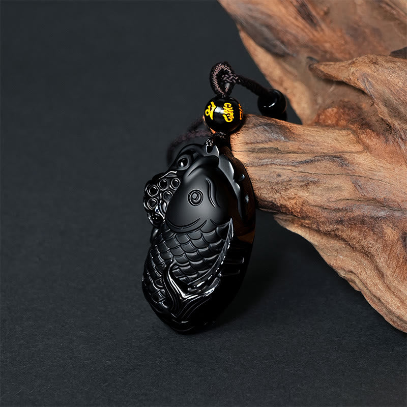 Buddha Stones Natural Black Obsidian Amphioxus Strength Necklace Pendant - image 1