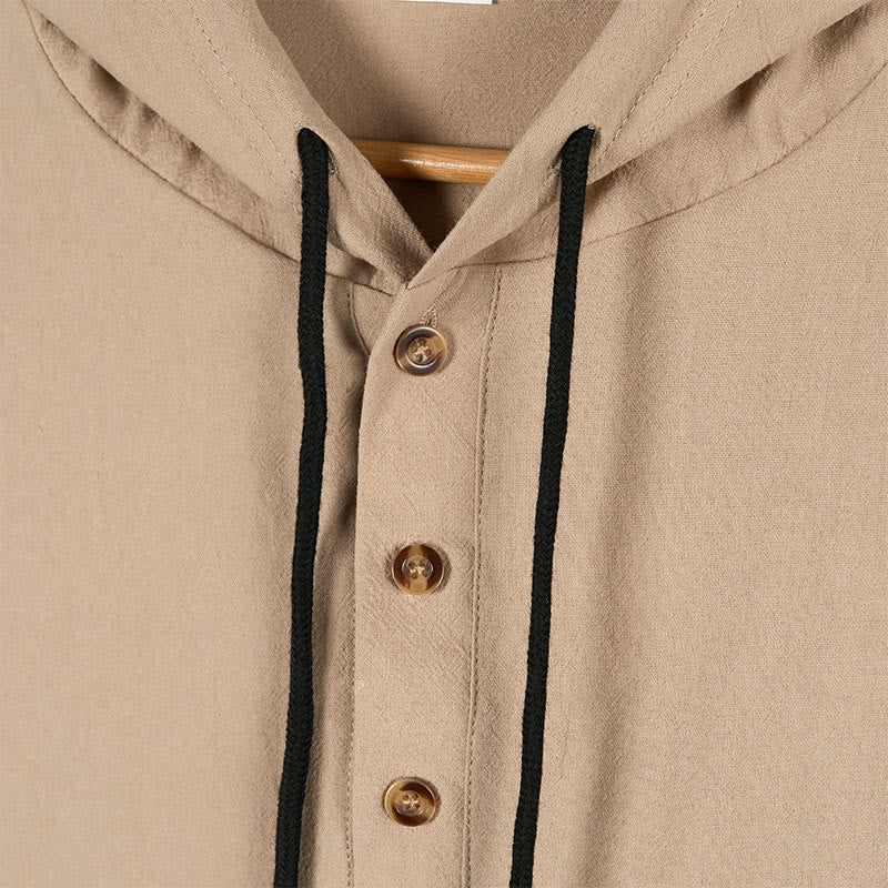 Buddha Stones Solid Color Fall Half Buttons Men's Hooded Long Sleeve Cotton Shirt - image 13