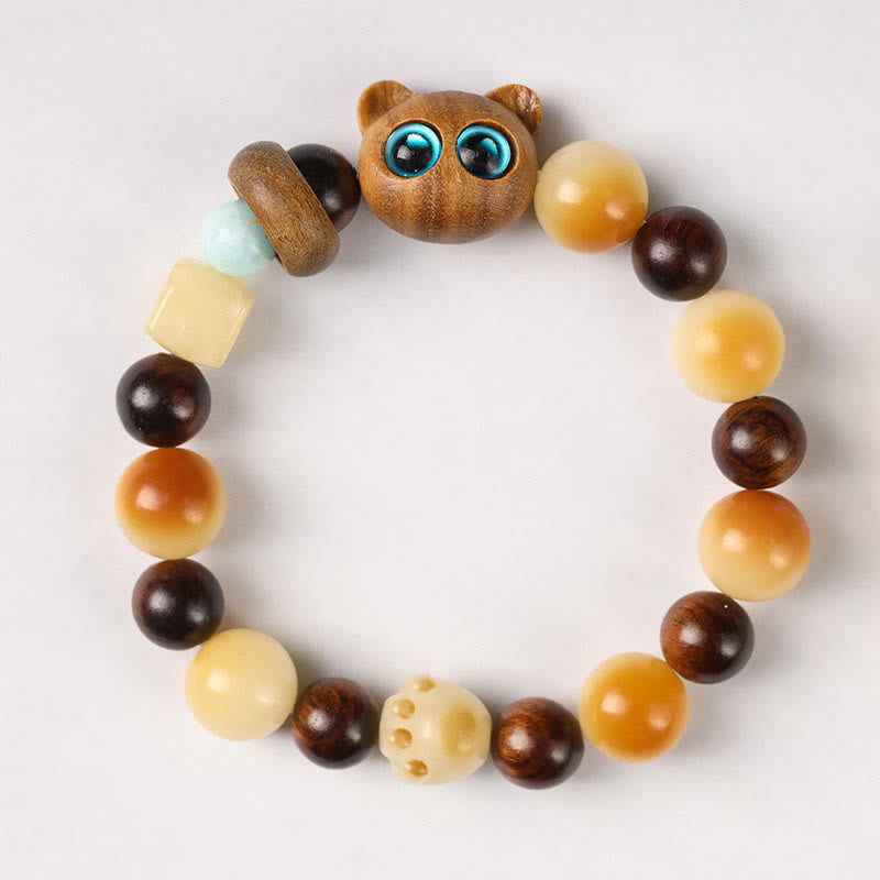 Buddha Stones Natural Bodhi Seed Sandalwood Lucky Cute Cat Head Paw Claw Peace Bracelet - image 1