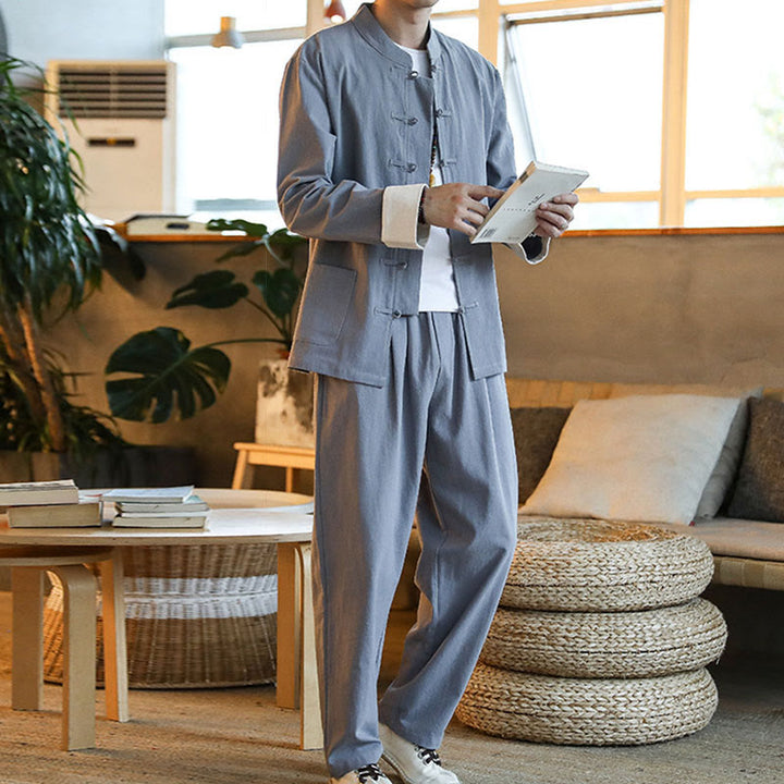 Buddha Stones 2Pcs Zen Tang Suit Men's Frog-Button Long Sleeve Shirt Pants Set With Pockets - image 8