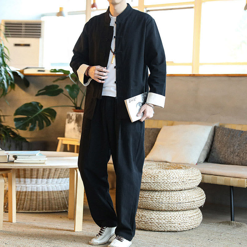 Buddha Stones 2Pcs Zen Tang Suit Men's Frog-Button Long Sleeve Shirt Pants Set With Pockets - image 20