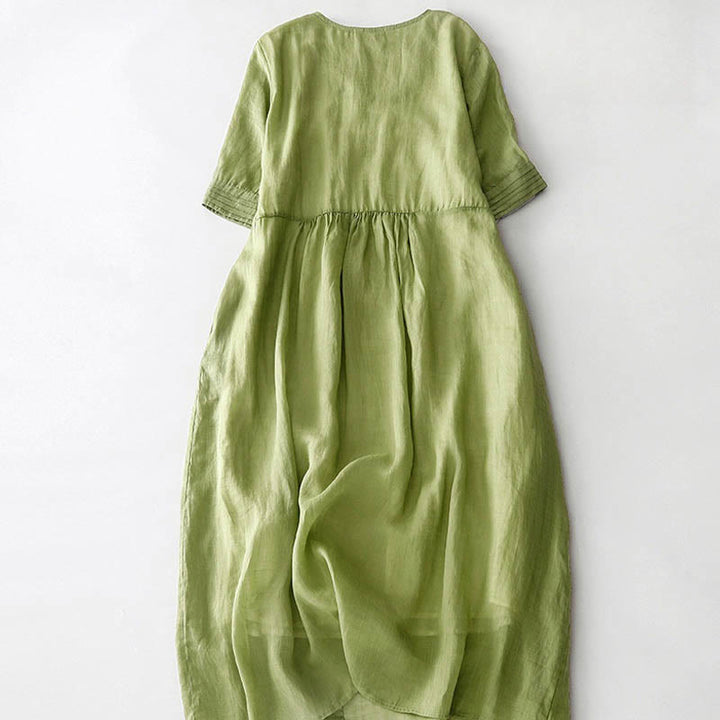 Buddha Stones Casual Accordion Pleat Plain V-neck Short Sleeve Cotton Midi Dress With Pockets - image 12