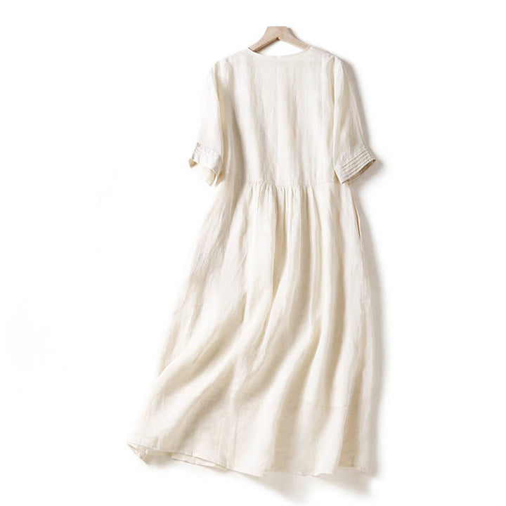 Buddha Stones Casual Accordion Pleat Plain V-neck Short Sleeve Cotton Midi Dress With Pockets - image 30
