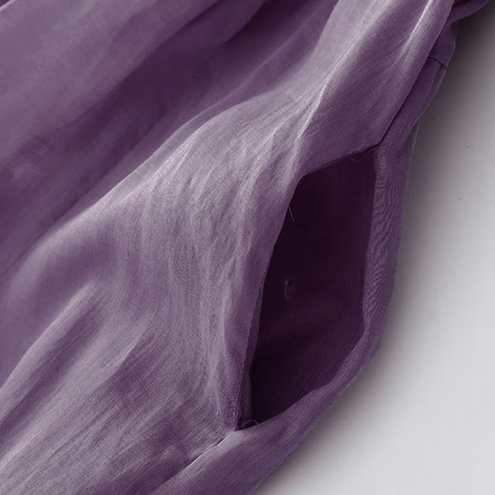 Buddha Stones Casual Accordion Pleat Plain V-neck Short Sleeve Cotton Midi Dress With Pockets - image 4