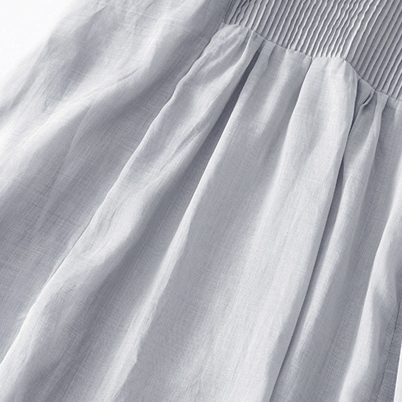 Buddha Stones Casual Accordion Pleat Plain V-neck Short Sleeve Cotton Midi Dress With Pockets - image 25