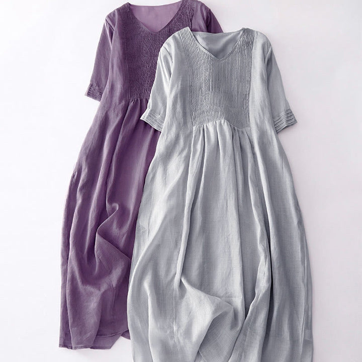 Buddha Stones Casual Accordion Pleat Plain V-neck Short Sleeve Cotton Midi Dress With Pockets - image 10