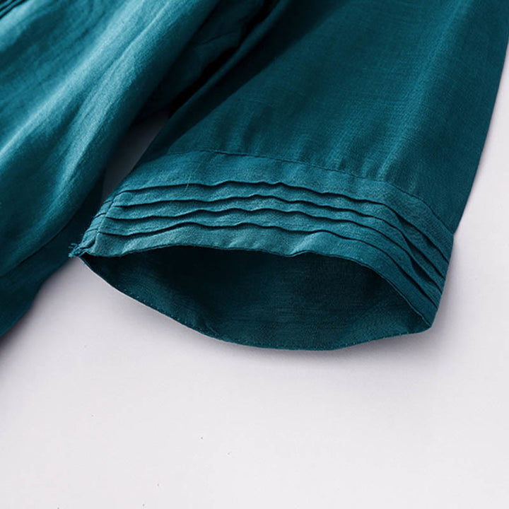 Buddha Stones Casual Accordion Pleat Plain V-neck Short Sleeve Cotton Midi Dress With Pockets - image 42