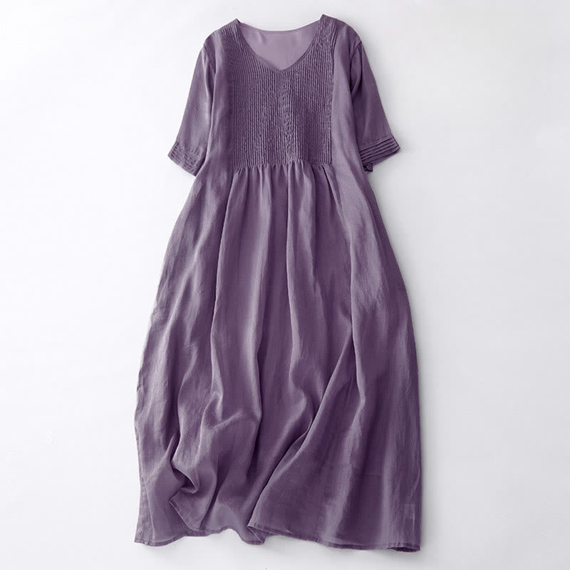 Buddha Stones Casual Accordion Pleat Plain V-neck Short Sleeve Cotton Midi Dress With Pockets - Plum - US14，UK/AU18，EU46 (2XL) - image 1