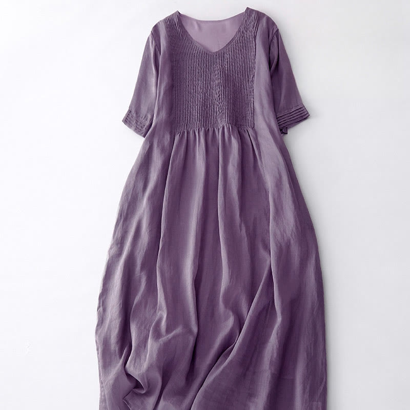 Buddha Stones Casual Accordion Pleat Plain V-neck Short Sleeve Cotton Midi Dress With Pockets - image 3