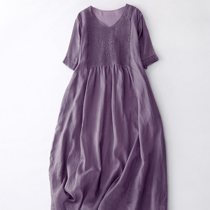 Buddha Stones Casual Accordion Pleat Plain V-neck Short Sleeve Cotton Midi Dress With Pockets - image 3