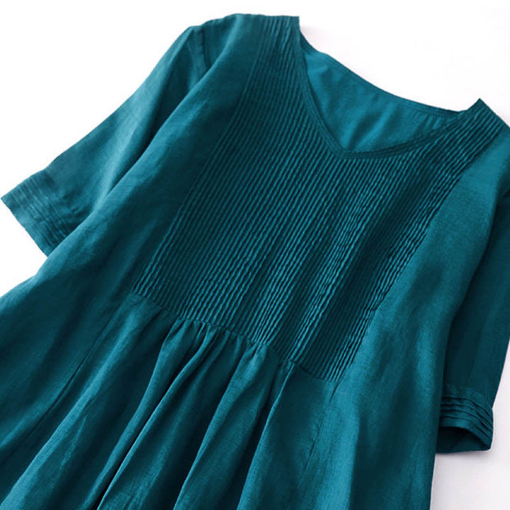 Buddha Stones Casual Accordion Pleat Plain V-neck Short Sleeve Cotton Midi Dress With Pockets - image 40