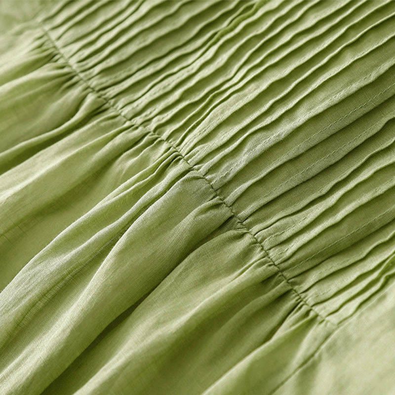 Buddha Stones Casual Accordion Pleat Plain V-neck Short Sleeve Cotton Midi Dress With Pockets - image 15