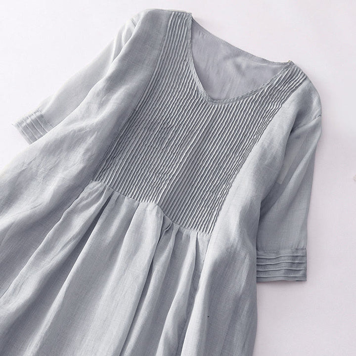 Buddha Stones Casual Accordion Pleat Plain V-neck Short Sleeve Cotton Midi Dress With Pockets - image 22