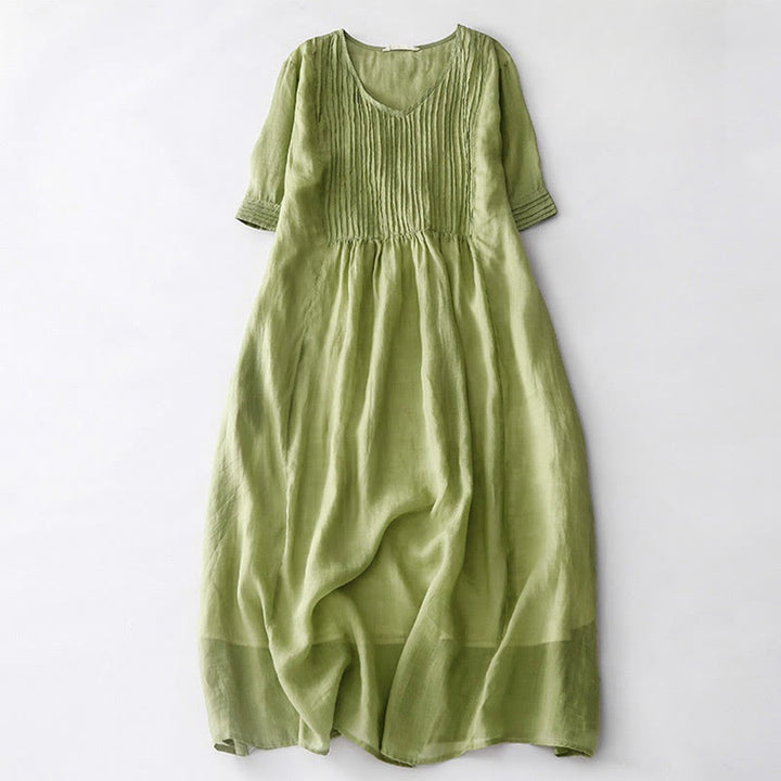 Buddha Stones Casual Accordion Pleat Plain V-neck Short Sleeve Cotton Midi Dress With Pockets - YellowGreen - US14，UK/AU18，EU46 (2XL) - image 11