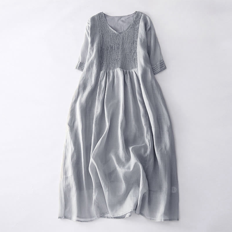Buddha Stones Casual Accordion Pleat Plain V-neck Short Sleeve Cotton Midi Dress With Pockets - Silver - US14，UK/AU18，EU46 (2XL) - image 21