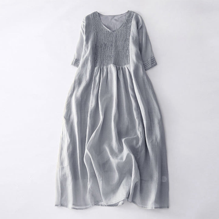 Buddha Stones Casual Accordion Pleat Plain V-neck Short Sleeve Cotton Midi Dress With Pockets - Silver - US14，UK/AU18，EU46 (2XL) - image 21
