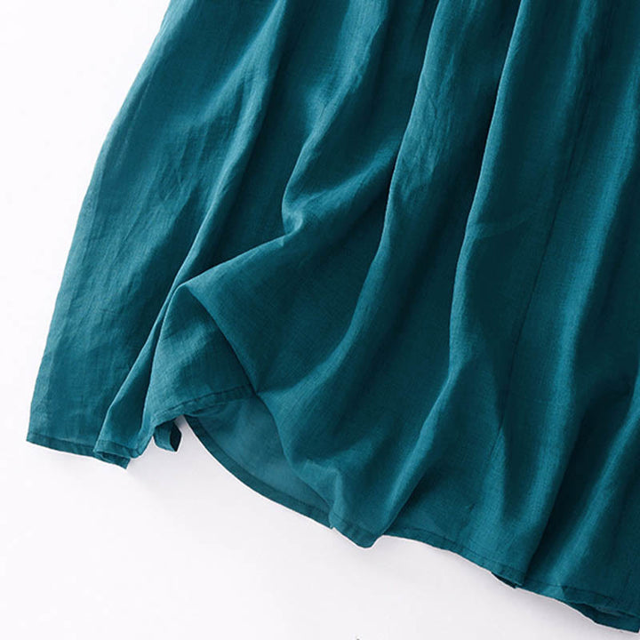 Buddha Stones Casual Accordion Pleat Plain V-neck Short Sleeve Cotton Midi Dress With Pockets - image 38