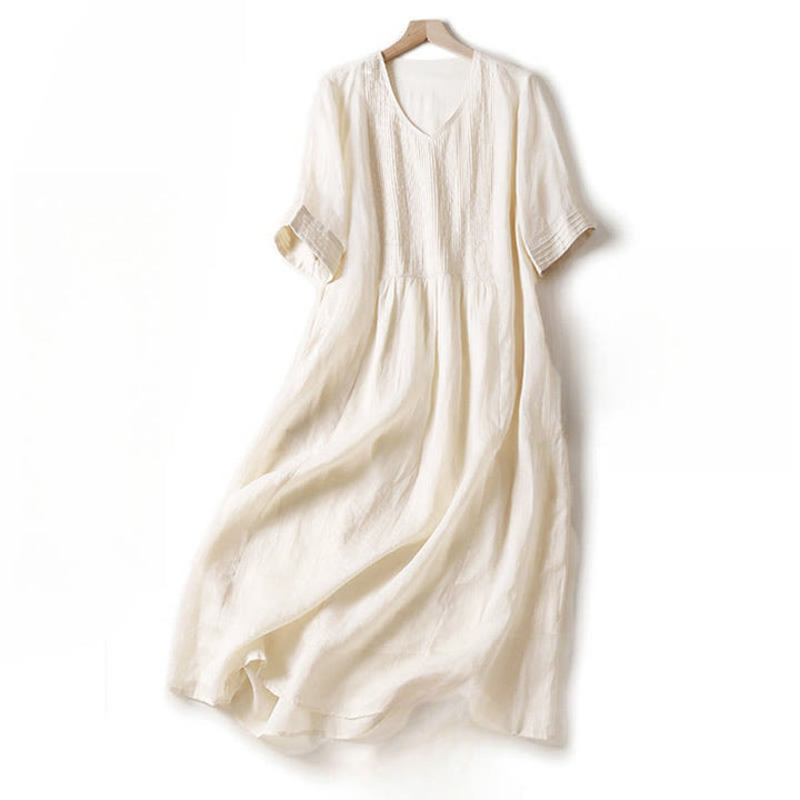 Buddha Stones Casual Accordion Pleat Plain V-neck Short Sleeve Cotton Midi Dress With Pockets - OldLace - US14，UK/AU18，EU46 (2XL) - image 29