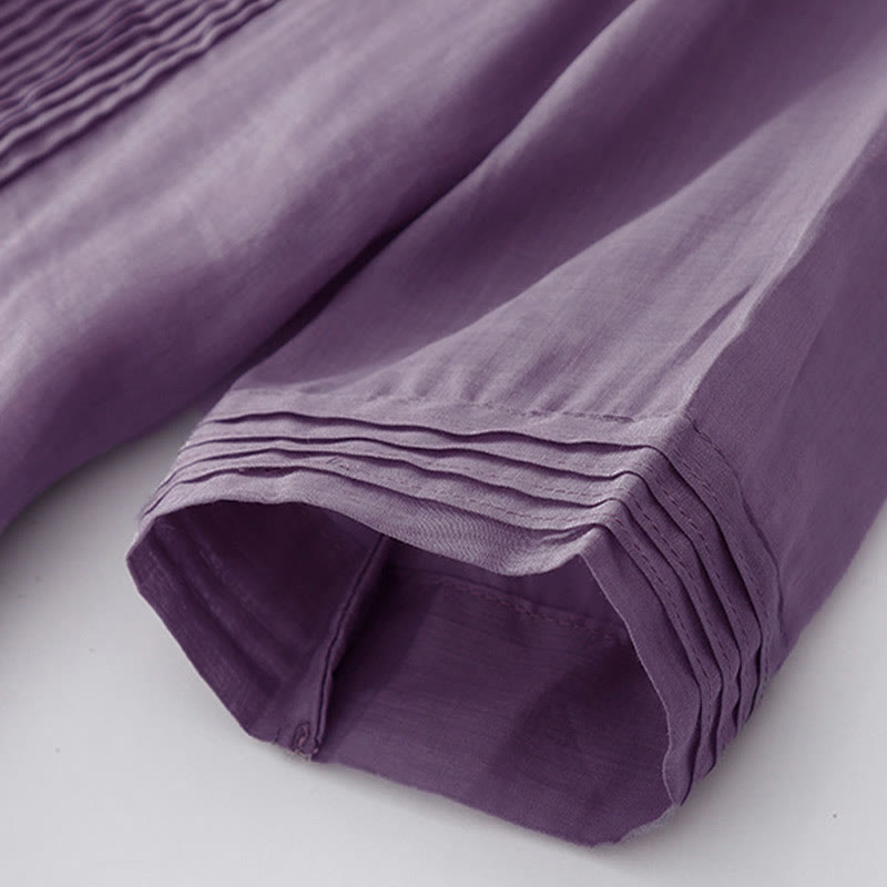 Buddha Stones Casual Accordion Pleat Plain V-neck Short Sleeve Cotton Midi Dress With Pockets - image 8