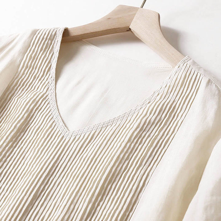 Buddha Stones Casual Accordion Pleat Plain V-neck Short Sleeve Cotton Midi Dress With Pockets - image 34