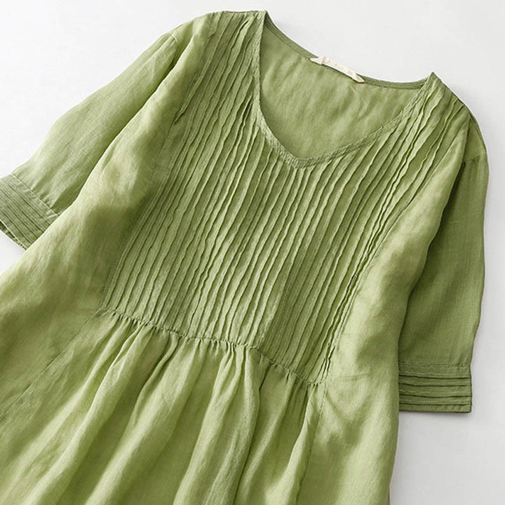 Buddha Stones Casual Accordion Pleat Plain V-neck Short Sleeve Cotton Midi Dress With Pockets - image 16