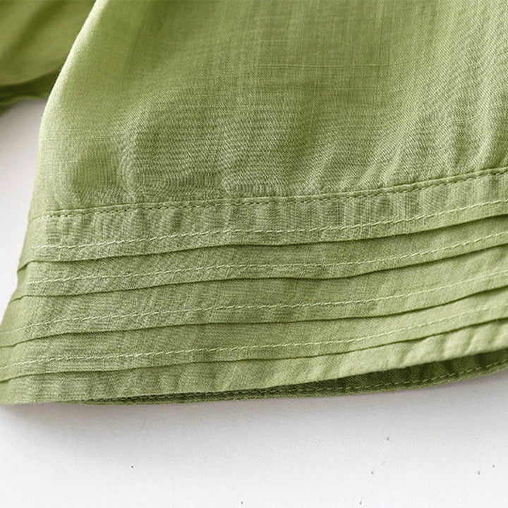 Buddha Stones Casual Accordion Pleat Plain V-neck Short Sleeve Cotton Midi Dress With Pockets - image 18