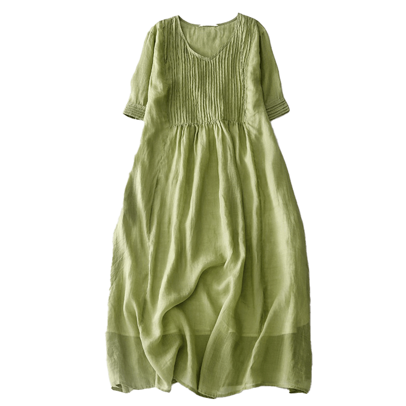 Buddha Stones Casual Accordion Pleat Plain V-neck Short Sleeve Cotton Midi Dress With Pockets - image 13