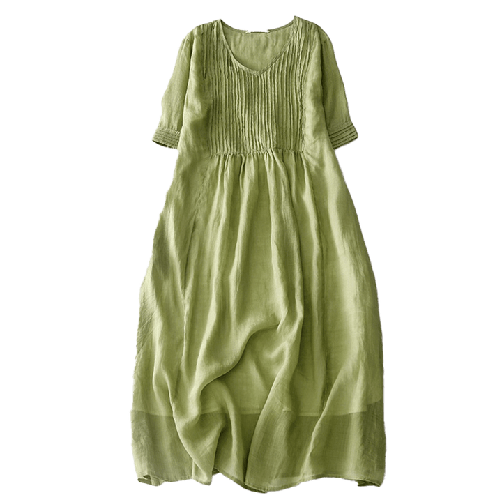 Buddha Stones Casual Accordion Pleat Plain V-neck Short Sleeve Cotton Midi Dress With Pockets - image 13