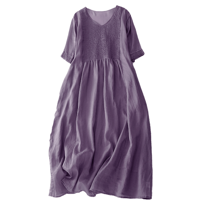 Buddha Stones Casual Accordion Pleat Plain V-neck Short Sleeve Cotton Midi Dress With Pockets - image 5