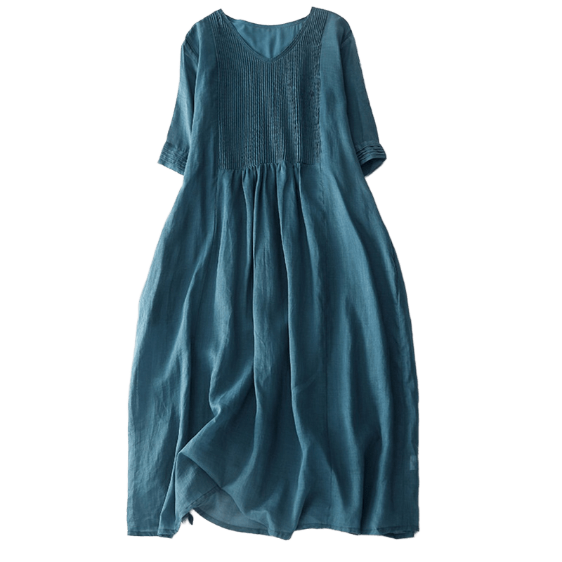 Buddha Stones Casual Accordion Pleat Plain V-neck Short Sleeve Cotton Midi Dress With Pockets - image 37