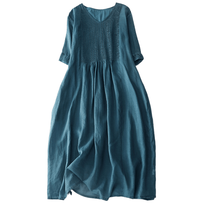 Buddha Stones Casual Accordion Pleat Plain V-neck Short Sleeve Cotton Midi Dress With Pockets - image 37