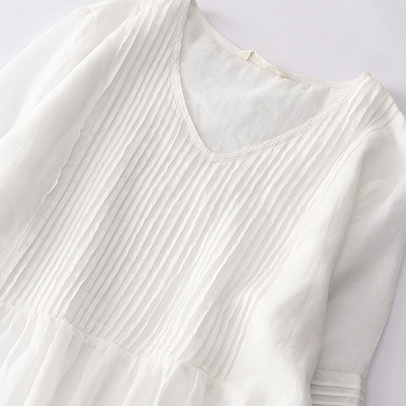 Buddha Stones Casual Accordion Pleat Plain V-neck Short Sleeve Cotton Midi Dress With Pockets - image 46