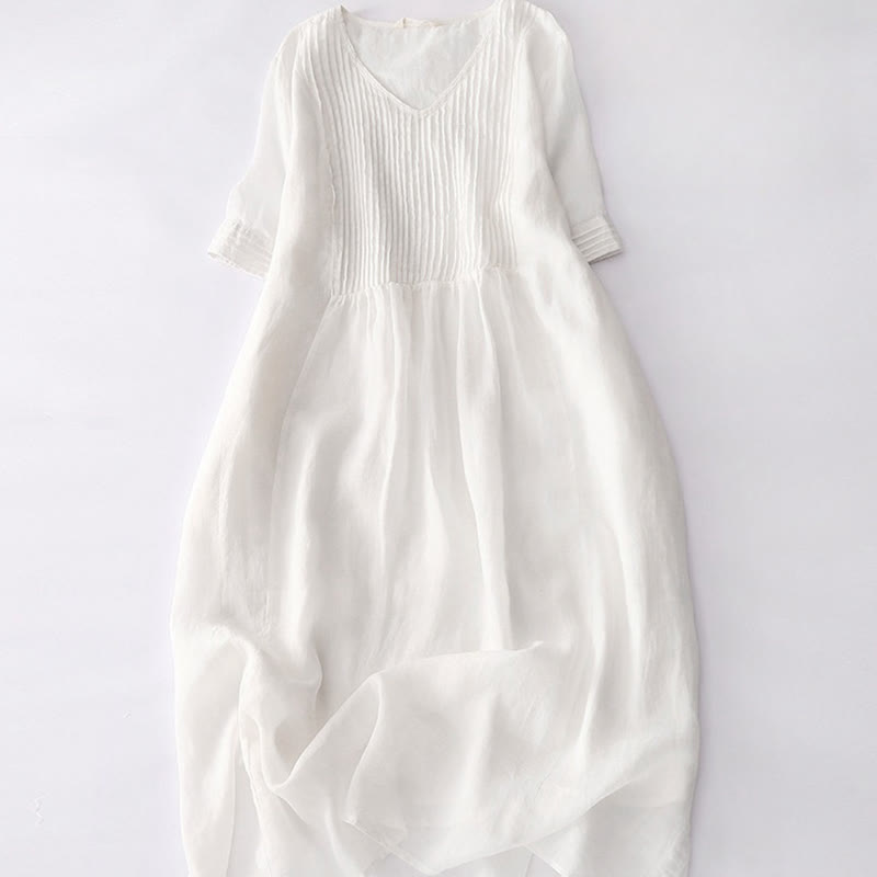 Buddha Stones Casual Accordion Pleat Plain V-neck Short Sleeve Cotton Midi Dress With Pockets - Snow - US14，UK/AU18，EU46 (2XL) - image 44