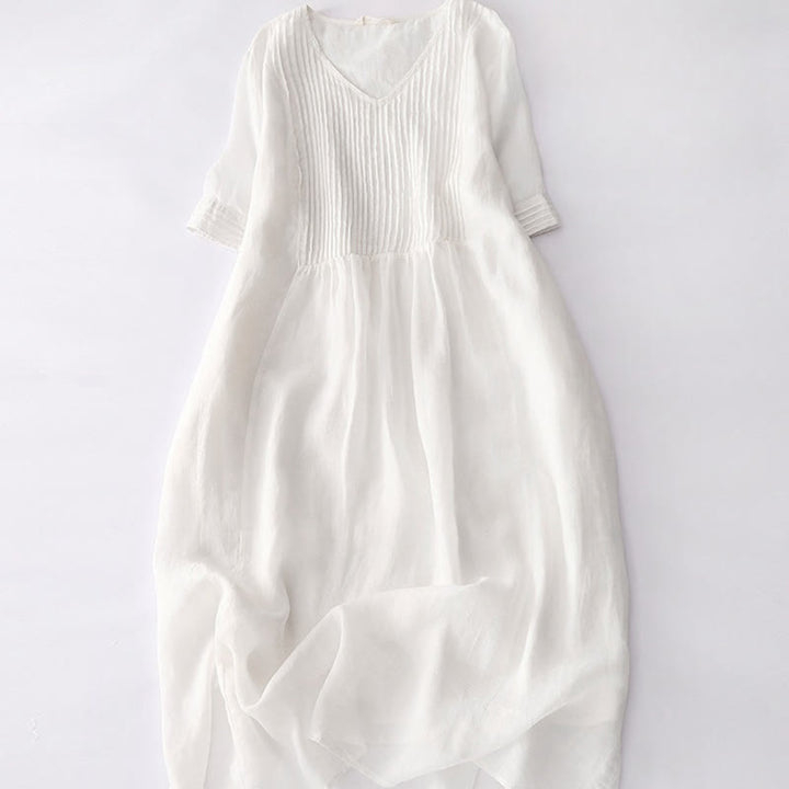 Buddha Stones Casual Accordion Pleat Plain V-neck Short Sleeve Cotton Midi Dress With Pockets - Snow - US14，UK/AU18，EU46 (2XL) - image 44