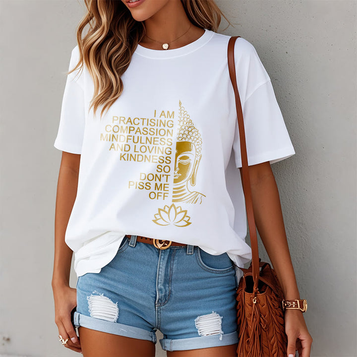 Buddha Stones Casual Golden Side Buddha Lotus Flower Pattern Cotton Tee T-Shirt - image 2