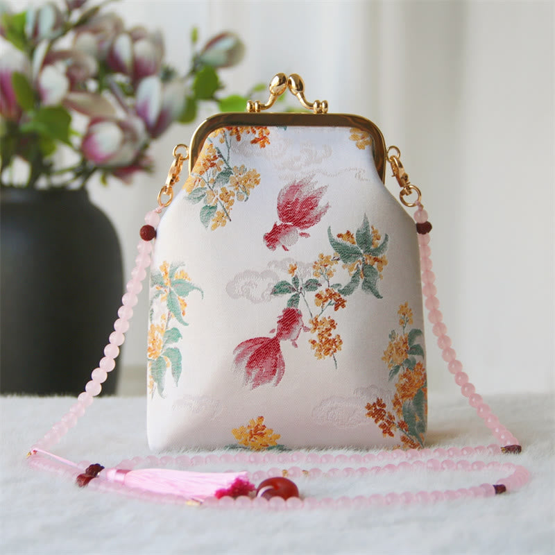 Buddha Stones Retro Chinese Embroidery Pearl Chain Crossbody Bag Shoudler Bag - Red Koi Fish Osmanthus 14*6*18cm - image 12