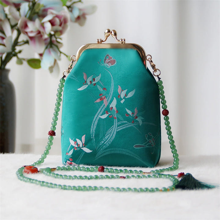Buddha Stones Retro Chinese Embroidery Pearl Chain Crossbody Bag Shoudler Bag - Green Butterfly Orchid Butterfly 14*6*18cm - image 27