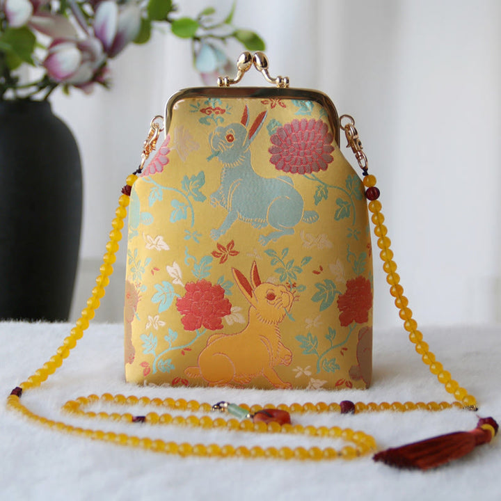 Buddha Stones Retro Chinese Embroidery Pearl Chain Crossbody Bag Shoudler Bag - Yellow Rabbit Red Flower 14*6*18cm - image 13
