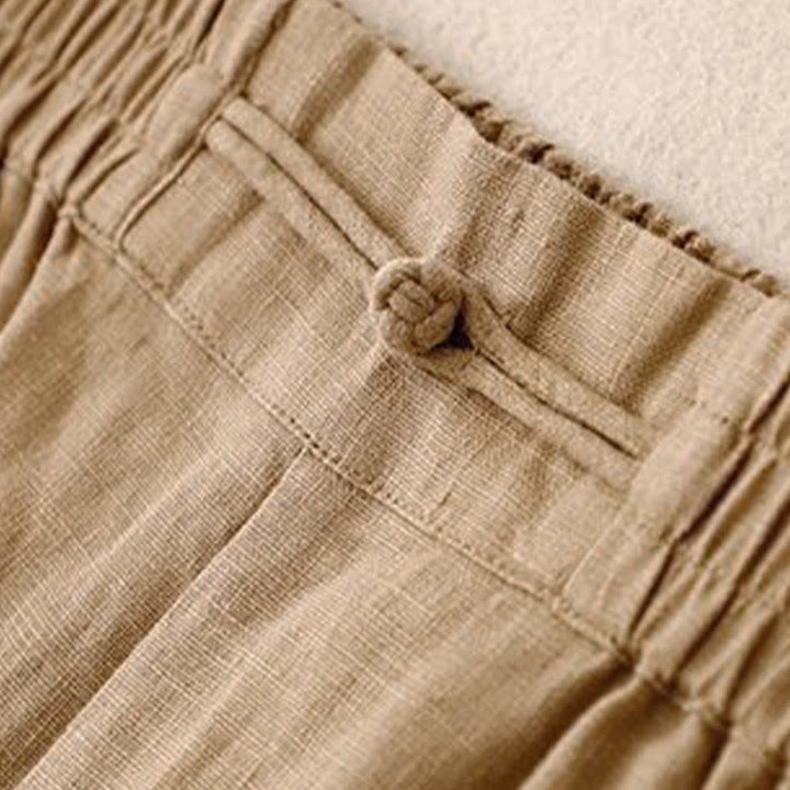 Buddha Stones Daily Solid Color Elastic Waistband Frog-Button Cotton Women's Wide Leg Pants With Pockets - image 4