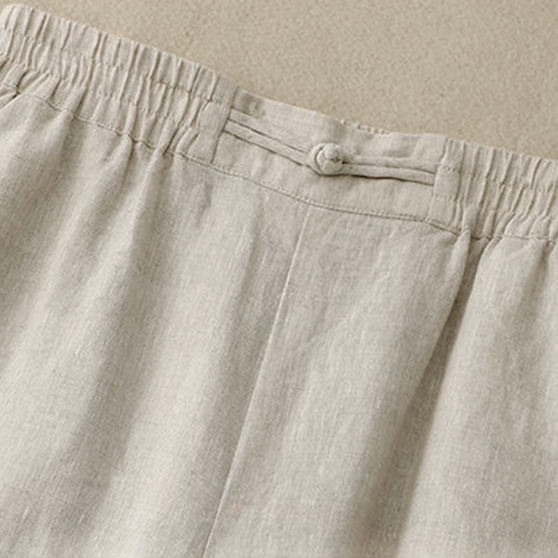 Buddha Stones Daily Solid Color Elastic Waistband Frog-Button Cotton Women's Wide Leg Pants With Pockets - image 12