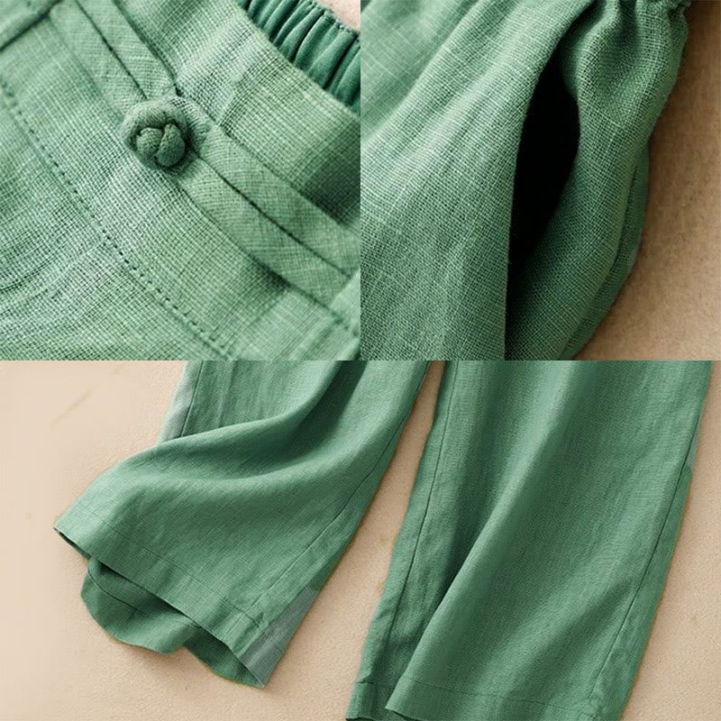 Buddha Stones Daily Solid Color Elastic Waistband Frog-Button Cotton Women's Wide Leg Pants With Pockets - image 2