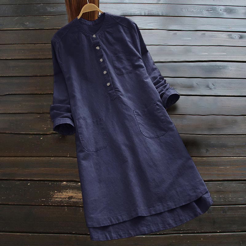 Buddha Stones Solid Buttons Long Sleeve Women's Shirt With Pockets - Navy - US16，UK/AU20，EU48 (5XL) - image 14