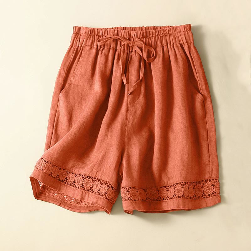 Buddha Stones Plain Color Bottom Hollow Lace Design Lace-up Cotton Women's Shorts With Pockets - DarkOrange - US12，UK/AU16，EU44 (3XL) - image 43
