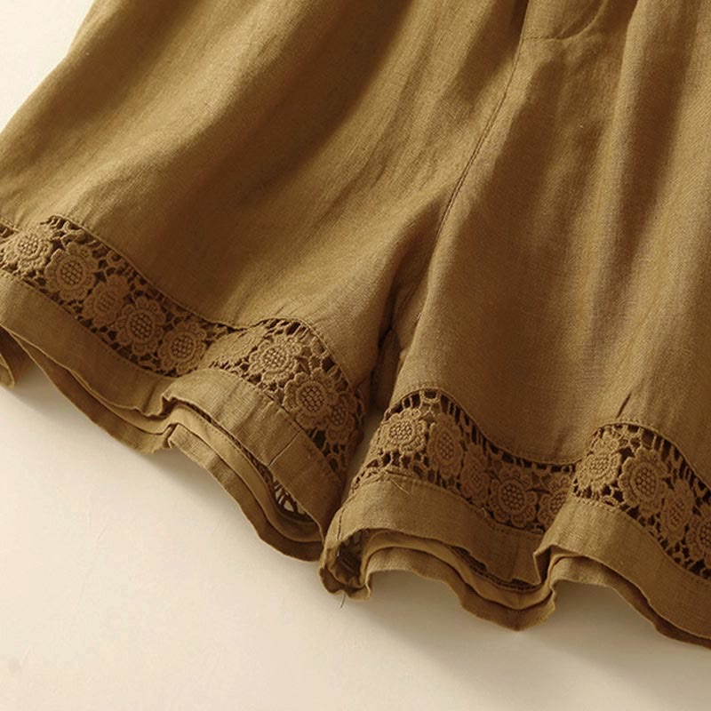 Buddha Stones Plain Color Bottom Hollow Lace Design Lace-up Cotton Women's Shorts With Pockets - image 27