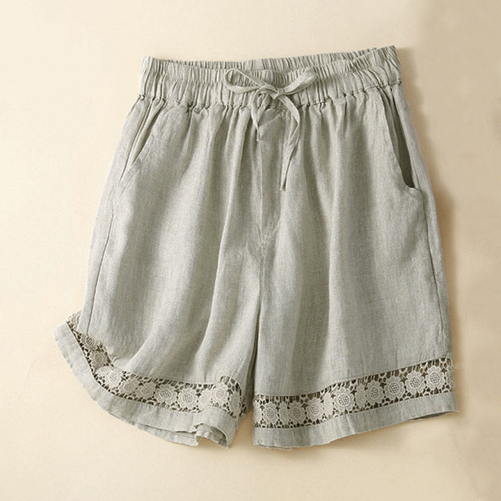 Buddha Stones Plain Color Bottom Hollow Lace Design Lace-up Cotton Women's Shorts With Pockets - Beige - US12，UK/AU16，EU44 (3XL) - image 0