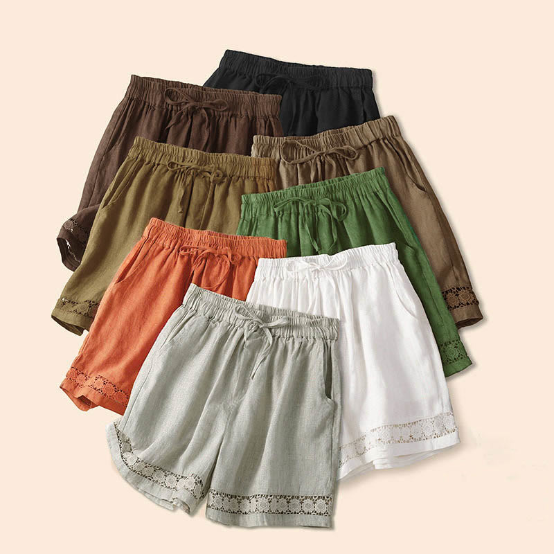 Buddha Stones Plain Color Bottom Hollow Lace Design Lace-up Cotton Women's Shorts With Pockets - image 1