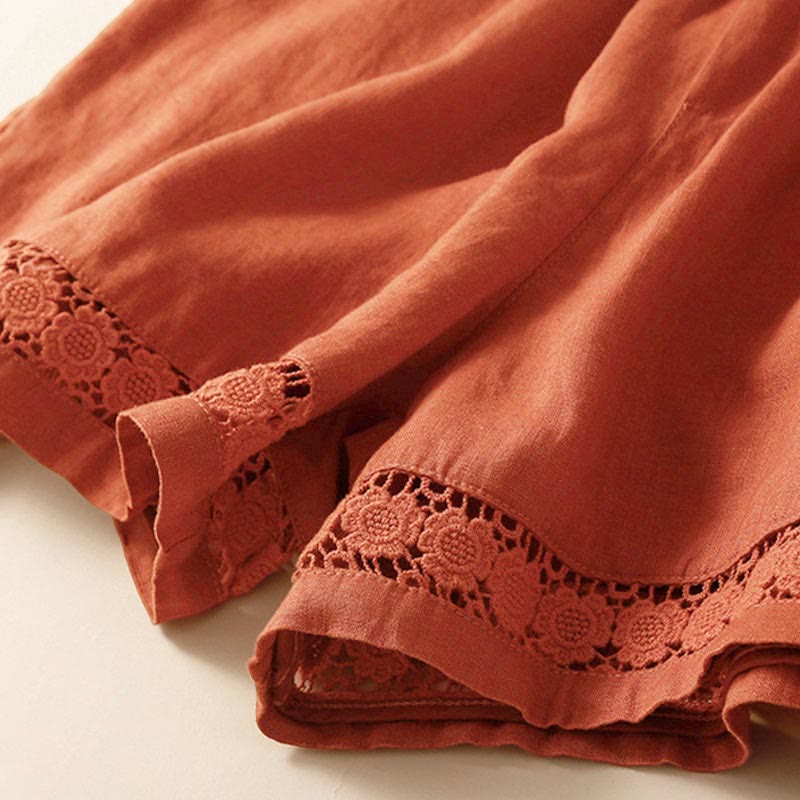 Buddha Stones Plain Color Bottom Hollow Lace Design Lace-up Cotton Women's Shorts With Pockets - image 47