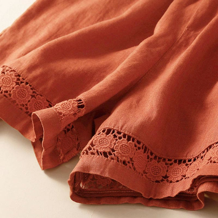 Buddha Stones Plain Color Bottom Hollow Lace Design Lace-up Cotton Women's Shorts With Pockets - image 47