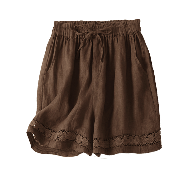 Buddha Stones Plain Color Bottom Hollow Lace Design Lace-up Cotton Women's Shorts With Pockets - image 42